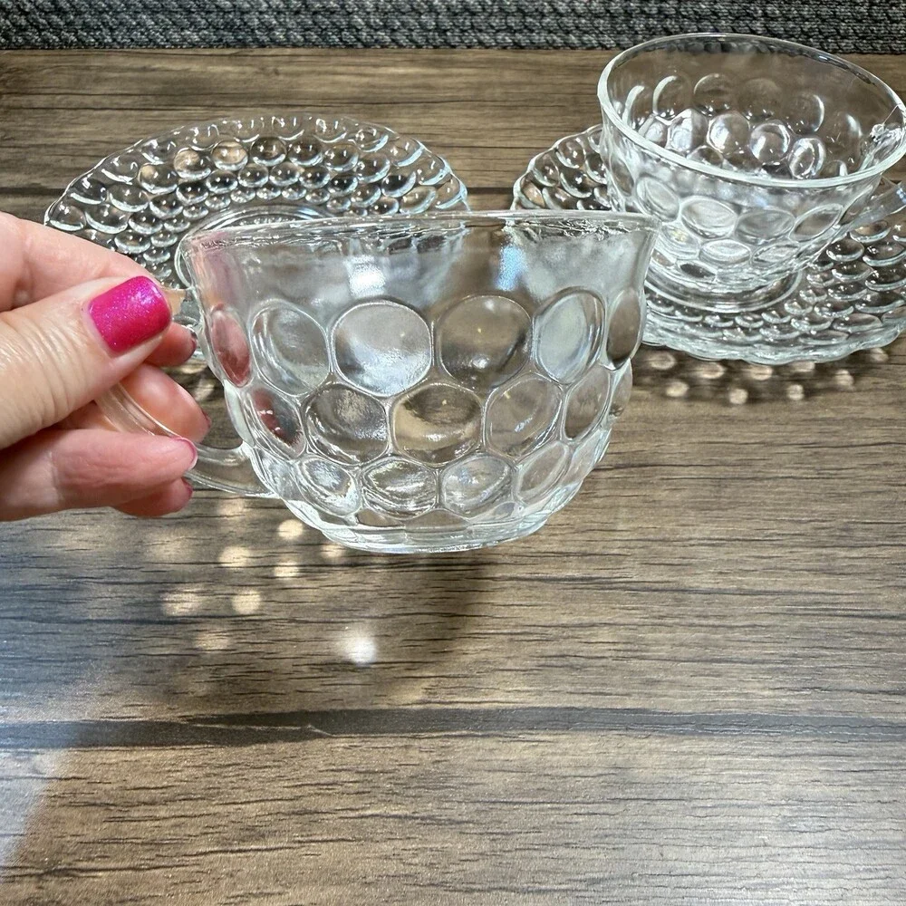 Anchor Hocking Clear Bubble Pattern Glass Cup & Saucer 2 Sets